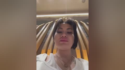 Media: A video of a woman with short, dark hair, wearing a white blouse and a necklace, standing in front of a modern, wooden ceiling with vertical slats.