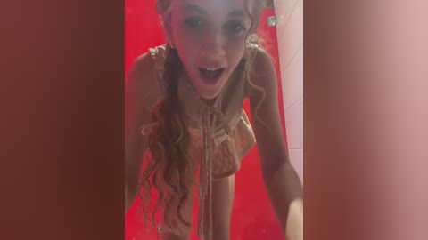 Media: A video of a young woman with long, curly brown hair and a shocked expression, wearing a beige top, standing in a red-lit hallway.