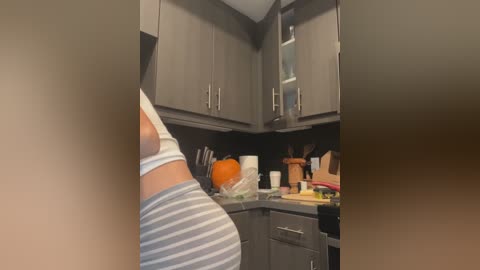 Media: Video of a woman in a grey and white striped dress, standing in a modern kitchen with dark cabinets, orange pumpkin, utensils, and a counter cluttered with items.