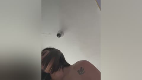 Media: Video of a topless woman with shoulder-length brown hair, visible tattoo on her right shoulder, standing in a dimly lit room with a small light fixture on the ceiling.