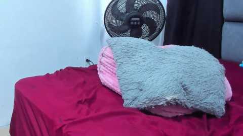 Media: A video of a bed covered with red sheets, featuring a gray and pink pillow against a white wall with a black fan and curtains in the background.