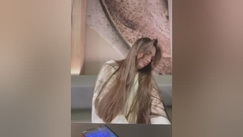 Video of a woman with long, straight brown hair, wearing a beige sweater, sitting in a modern, minimalist room with a large, textured wall.