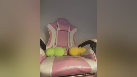 A video of a pink and white gaming chair with two green and yellow plush toys, set against a blurred background.