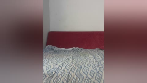 A video shows a bed with a red headboard against a plain white wall. The bedspread features a blue and white geometric pattern. The room is softly lit, creating a calm and minimalist atmosphere.