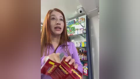 Media: Video of a young red-haired woman in a purple hoodie, holding red and yellow Doritos bags, in a brightly lit, modern kitchen with a white fridge and shelves stocked with various food items.