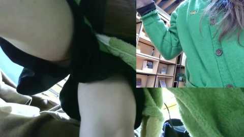 Media: Video collage of a person wearing a green jacket, lifting a black skirt to reveal white underwear, and standing in a bookshelf-filled room.