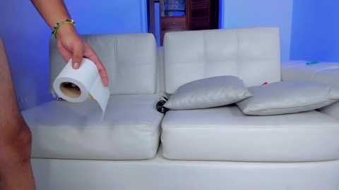 Media: Video of a person applying a roll of toilet paper to a white leather couch in a modern living room, with a blue accent wall in the background.