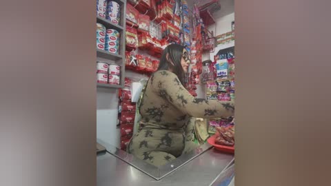 Video of a woman in a camo onesie, seated at a cash register in a vibrant, crowded convenience store. She has long black hair, and the shelves are filled with various snacks and beverages.