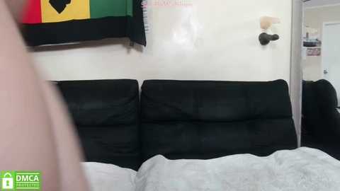 Media: A video shows a small, simple bedroom with a black leather couch, white wall, and a calendar on the left. A person's hand is partially visible on the right.