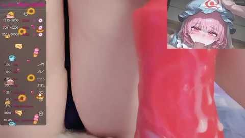 A close-up video of a woman's thigh and a smartphone screen showing a video of a pink-haired anime character.