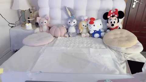 Media: A video of a plush animal collection on a bed with white bedding and pillows. The background features a white wall and a door.