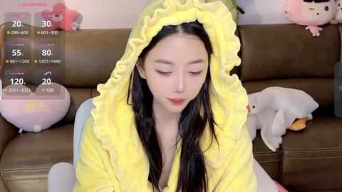 Media: Video of a fair-skinned, dark-haired woman with long, straight hair, wearing a yellow hooded robe, sitting on a brown couch. Background features stuffed toys and a digital clock displaying 28\u00b0C.