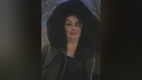 Media: A video of a middle-aged woman with fair skin, wearing round glasses, a black fur-lined hooded coat, and a black scarf, against a blurred, dimly lit background.