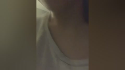 Media: A close-up video of a person's neck and shoulder in dim lighting, wearing a white shirt, with a blurred, indistinct background. The image is grainy and has a soft focus.