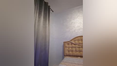 Media: Video of a small, simple bedroom with a tufted, wooden headboard, light grey walls, and a long, dark grey curtain partially drawn on the left. The room has a cozy, minimalistic feel.