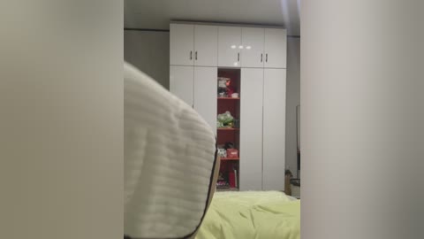 Video of a bedroom with a white bed in the foreground, a white wardrobe with red shelves and a green bedspread in the background.