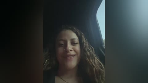 Media: Video of a young woman with curly hair and light skin, smiling, partially in shadow, inside a dark vehicle.