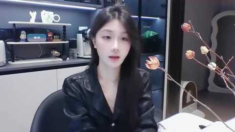 Media: Video of an East Asian woman with long black hair, wearing a black leather jacket, seated at a modern kitchen counter with white cabinets. Background features decorative items, including dried flowers and a glass vase.