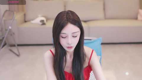 Media: Video of a young Asian woman with long black hair, fair skin, and small breasts, wearing a red dress, sitting on a light-colored floor, with a beige sofa and blue bag in the background.