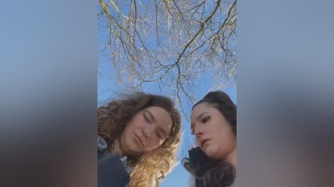 Media: Video of two young women with curly hair, looking down, against a clear blue sky with leafless tree branches.