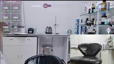 Video collage of a modern salon: left, digital display showing 180 decibels, center, a black salon chair, right, a glass cabinet with skincare products.