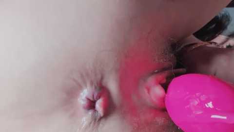 Close-up video of a vulva with visible labia and a pink vibrator in the background, showing intimate details and textures.