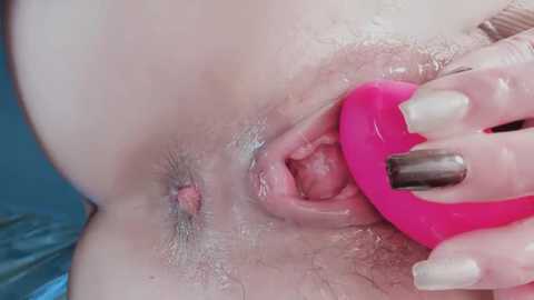 Media: A close-up video shows a light-skinned person with a hand holding a pink vibrator against their shaved vulva, featuring detailed textures and natural skin folds.