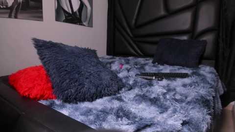 Media: Video of a modern bedroom with a black leather headboard, a plush blue-gray faux fur blanket, a red pillow, and a black pillow. A black keyboard rests on the bed.