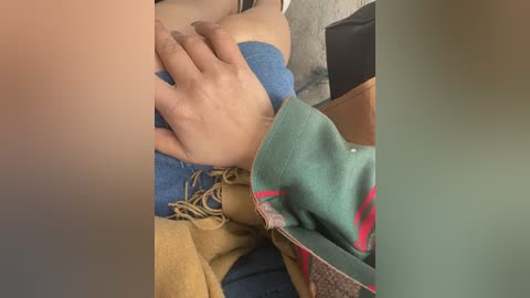 Media: A video showing a person\u2019s hand pressing against a blue cloth, revealing a small breast, with a green and red patterned garment draped nearby. The background includes a beige wall and a brown couch.