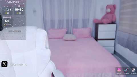 Media: Video of a pink-themed bedroom with a large bed, white headboard, two pillows, and a teddy bear. A white dresser with a pink teddy bear sits against a white wall with sheer curtains.