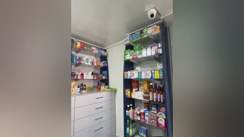 Media: Video of a small, organized medicine cabinet with white shelves, displaying various over-the-counter medications and a few alcohol bottles. The cabinet is mounted on a white wall, and the top shelf holds a tissue box.