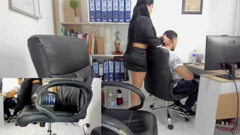 Media: A video shows a woman in a black crop top and shorts standing behind a man in a chair, both in an office with shelves of blue binders and a computer monitor.