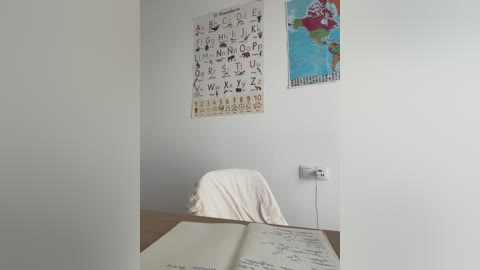 Media: A video of a minimalist classroom corner, featuring a white wall with educational posters (alphabet and world map) and a white chair. An open notebook rests on a wooden desk, showcasing handwritten notes.