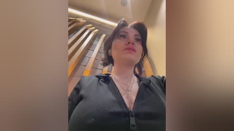 Media: Video of a Caucasian woman with dark hair, wearing a black shirt, standing in a modern building with wooden benches and glass walls.