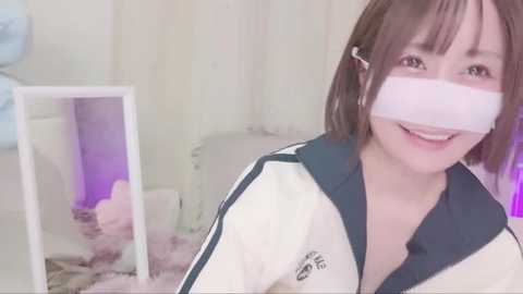 Video of a young Asian woman with short brown hair, wearing a white and blue jacket, with a white bandana covering her mouth, smiling. She stands in a softly lit, softly furnished room with a large mirror.