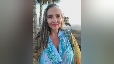 Media: Video of a middle-aged woman with shoulder-length, wavy, gray hair, wearing a colorful floral blouse and a yellow jacket, standing outdoors near a palm tree and ocean view.