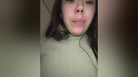 Media: Video of a young woman with fair skin and long brown hair, wearing a light green turtleneck sweater. She has a neutral expression and is partially out of focus.