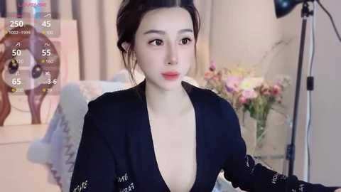 Media: Video of a young East Asian woman with fair skin, dark hair in a bun, wearing a black V-neck dress, sitting indoors with a floral arrangement in the background.