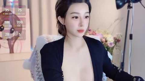 Media: Video of a young East Asian woman with fair skin, wearing a black blouse, sitting in a room with a soft pink floral arrangement, and a camera.