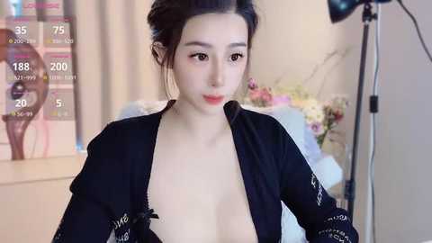 Media: Video of an East Asian woman with pale skin and dark hair in a bun, wearing a low-cut black robe, sitting in a cozy room with a white lamp and floral decor.