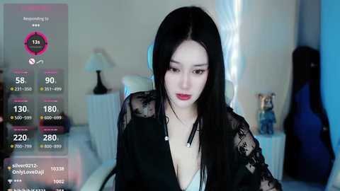 Media: A video of an East Asian woman with long black hair, wearing a black lace robe, seated in a modern, dimly-lit bedroom.