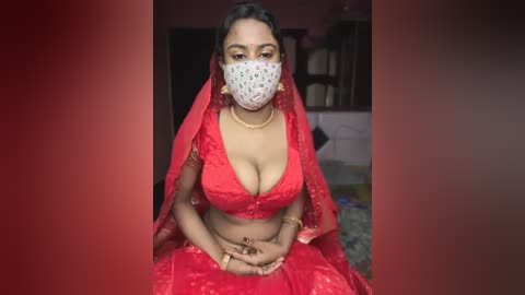 Media: Video of a South Asian woman with medium brown skin, wearing a red sari, mask, and gold jewelry, seated indoors, with a blurred background of a room with bookshelves.