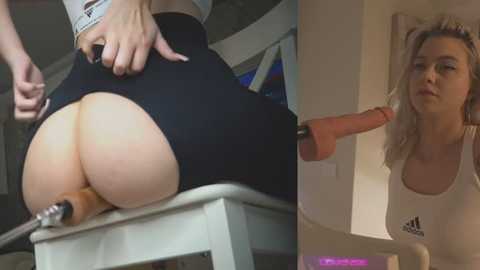 Video juxtaposing a woman in a black dress with a large dildo inserted between her buttocks, and a blonde woman in a white tank top watching, both indoors.