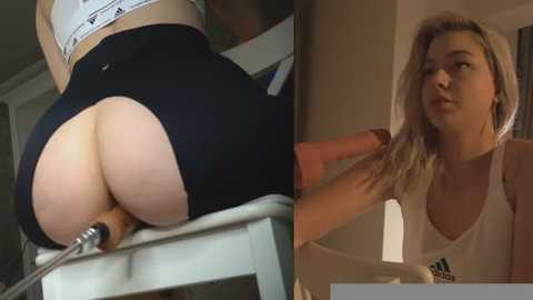 Video collage: Left, rear view of woman in tight black leggings, revealing bare buttocks; Right, close-up of blonde woman in white sports bra and tank top, brushing hair, both indoors.