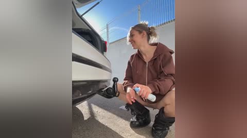 Media: Video of a blonde woman in a brown hoodie and black shorts squatting by a white car, using a portable toilet under a clear blue sky, next to a metal fence.