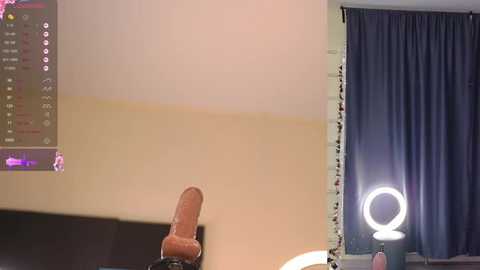 Video showing a realistic, erect, circumcised penis displayed on a screen, with a ring light and dark curtains in the background.