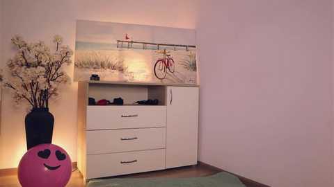 A video of a cozy corner featuring a white cabinet with drawers, a pink smiley ball, and a wall mural depicting a bicycle on a beach.