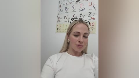 Media: Video of a young woman with long blonde hair, wearing black-framed glasses and a white top, standing in a classroom with educational posters on a beige wall.