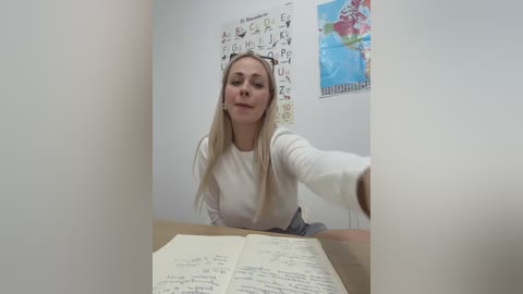 Media: A video of a blonde woman with long hair in a white sweater, sitting at a desk in a classroom, writing in an open notebook.