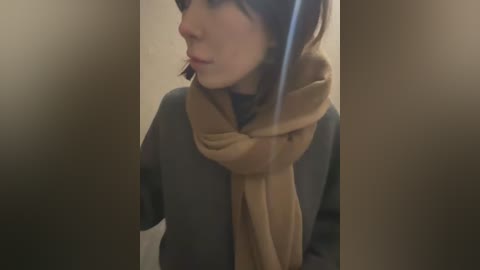 Media: A video of a young woman with medium-length brown hair, wearing a grey sweater and a beige scarf, seen in profile against a blurred, beige background.